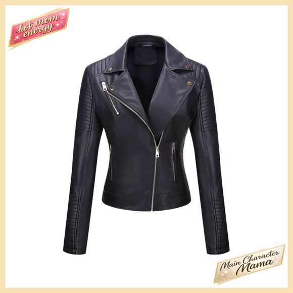 Women's Faux Leather Moto Jacket Lightweight Quilted Classic Coat